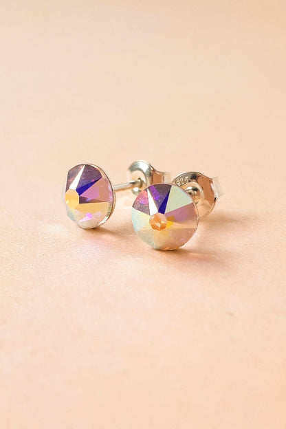 Round Sterling Silver Crystal Stud Earrings