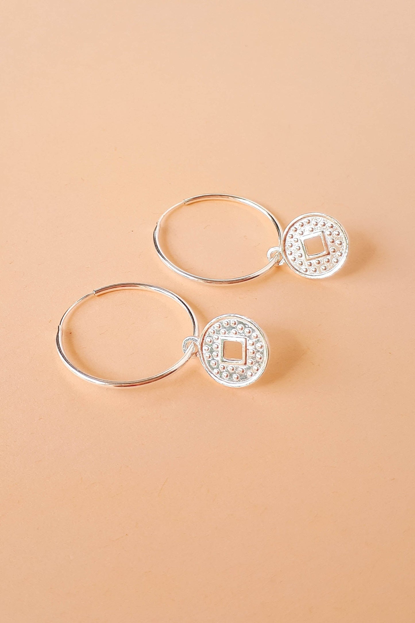 Sterling Silver Hoop Earrings with Chinese Coin Charm